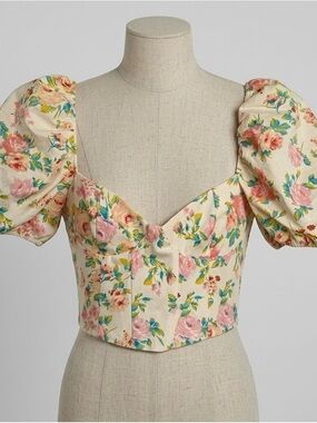 Zara Floral Puff Sleeve Crop Top Sz S Corset Cottagecore Bloomcore Coconut Girl